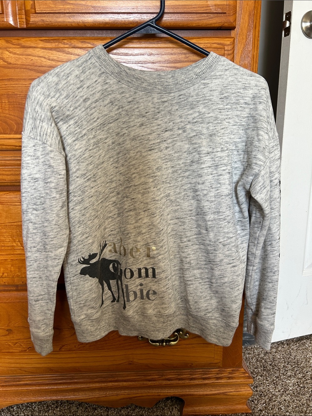 Abercrombie & Fitch Heather Gray Crewneck Sweater with Black Moose Graphic
